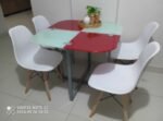 modern restaurant and family dining table set with imported chairs, event table set, coffee shop table set, kitchen dining table set, cafe table and chairs set, small party table set, high quality chairs made of plastic and wooden material