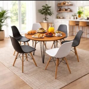 modern restaurant and family dining table set with imported chairs, event table set, coffee shop table set, kitchen dining table set, cafe table and chairs set, small party table set, high quality chairs made of plastic and wooden material