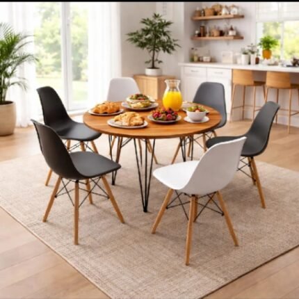 modern restaurant and family dining table set with imported chairs, event table set, coffee shop table set, kitchen dining table set, cafe table and chairs set, small party table set, high quality chairs made of plastic and wooden material